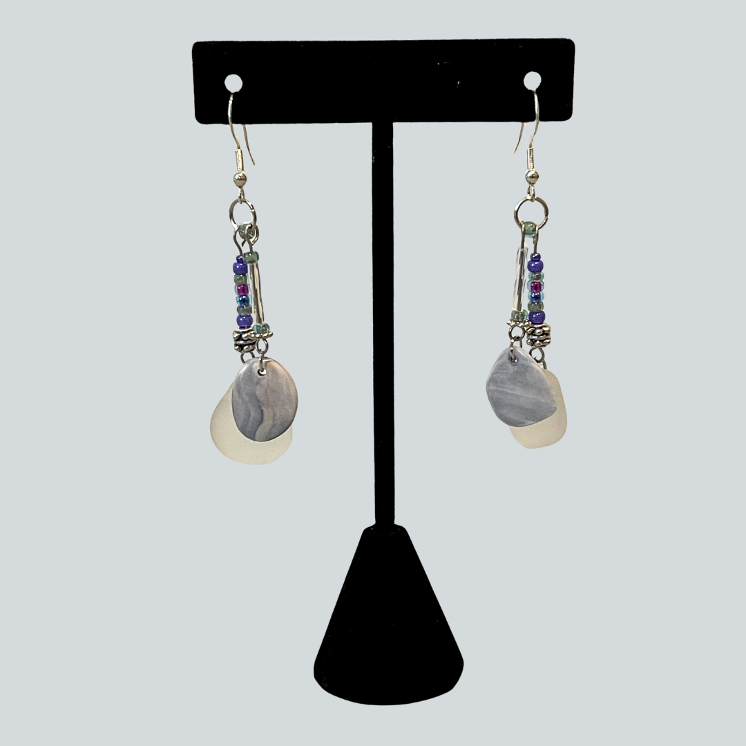 Blueberry Dyed Shell & Clear Beach Glass Earrings