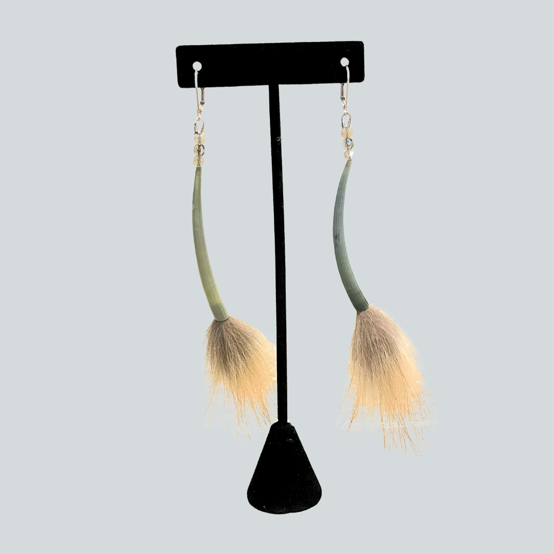 Fox Fur and Dentalium Puff Earrings