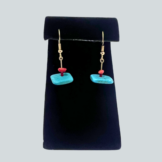 Flat Turquoise & Red Coral Earrings