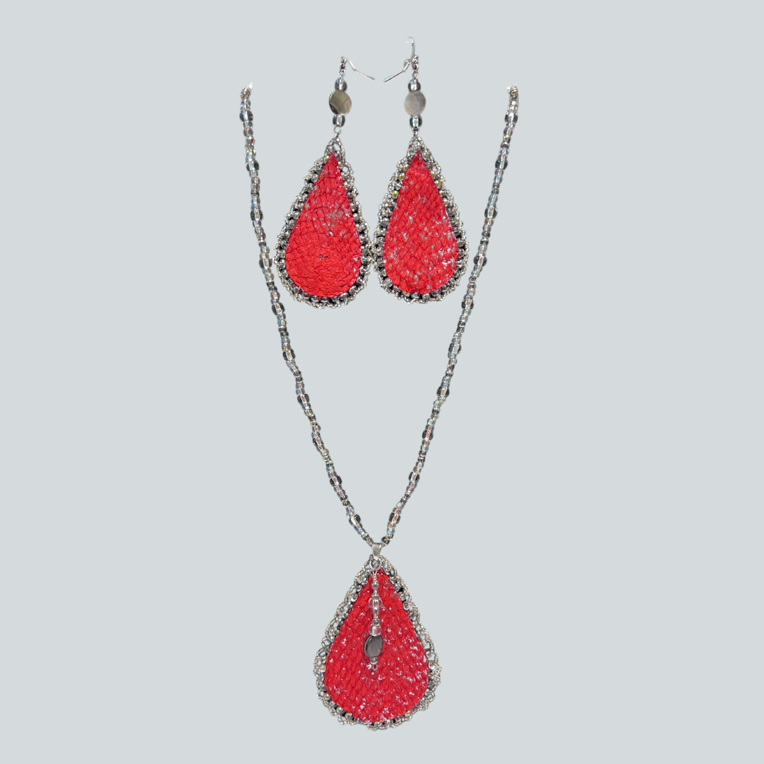 KM $145 Red Salmon Skin Necklace Earring Set